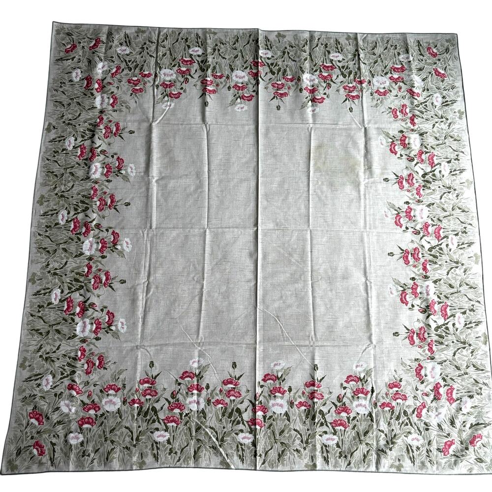 Printed Cotton Blend Tablecloth cottage chic faded greens pinks floral w/ FLAWS